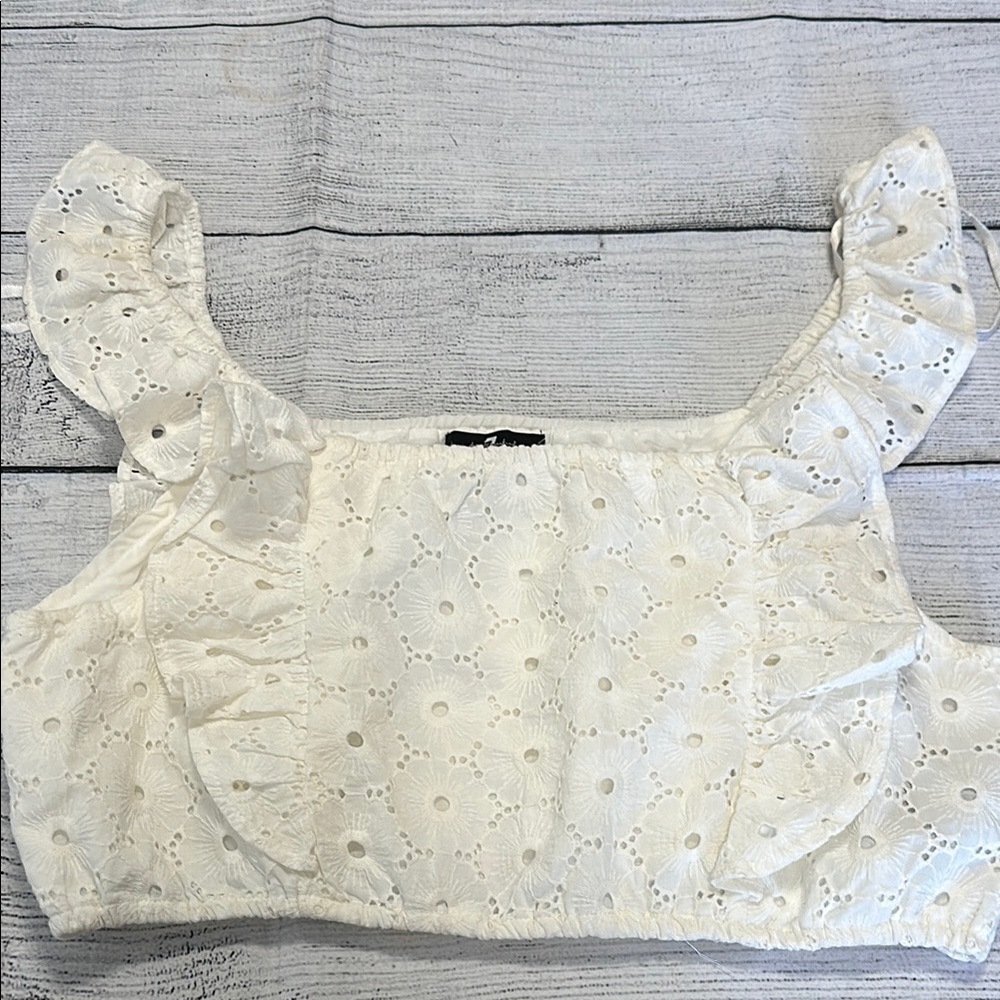 7FAMK Sz XL White Ruffled Square Neck Sleeveless Crop Top • NWT! - Picture 3 of 10